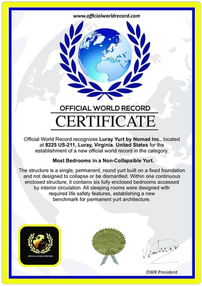Official World Record certificate for Most Bedrooms in a Non-Collapsible Yurt at Luray Yurt by Nomad Inc.